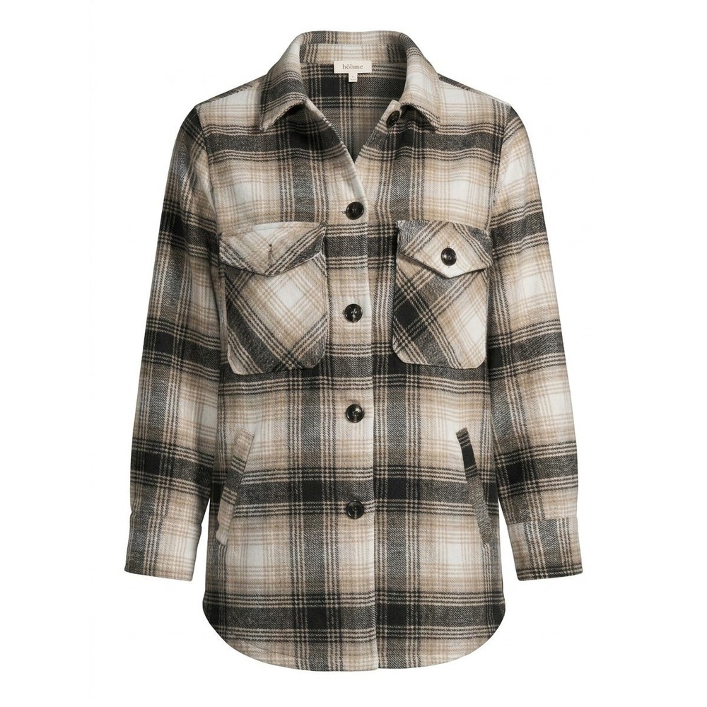 Bohme Plaid Shacket Women Small Tan Black Button Front Oversized Flannel Jacket